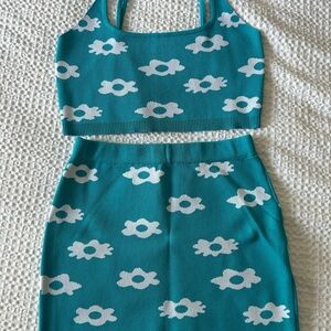 Teal and White Patterned Crop Top and Skirt Set